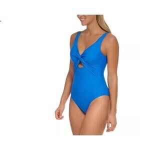 DKNY 50 UPF/SPF Blue One Piece Swimsuit V-Neck Knotted Front Size 14 / Large